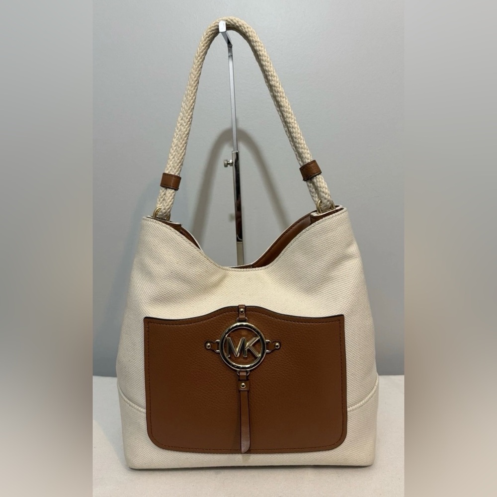 Michael Kors Amy Rope Hobo Shoulder Bag Cream Canvas Brown Leather Trim